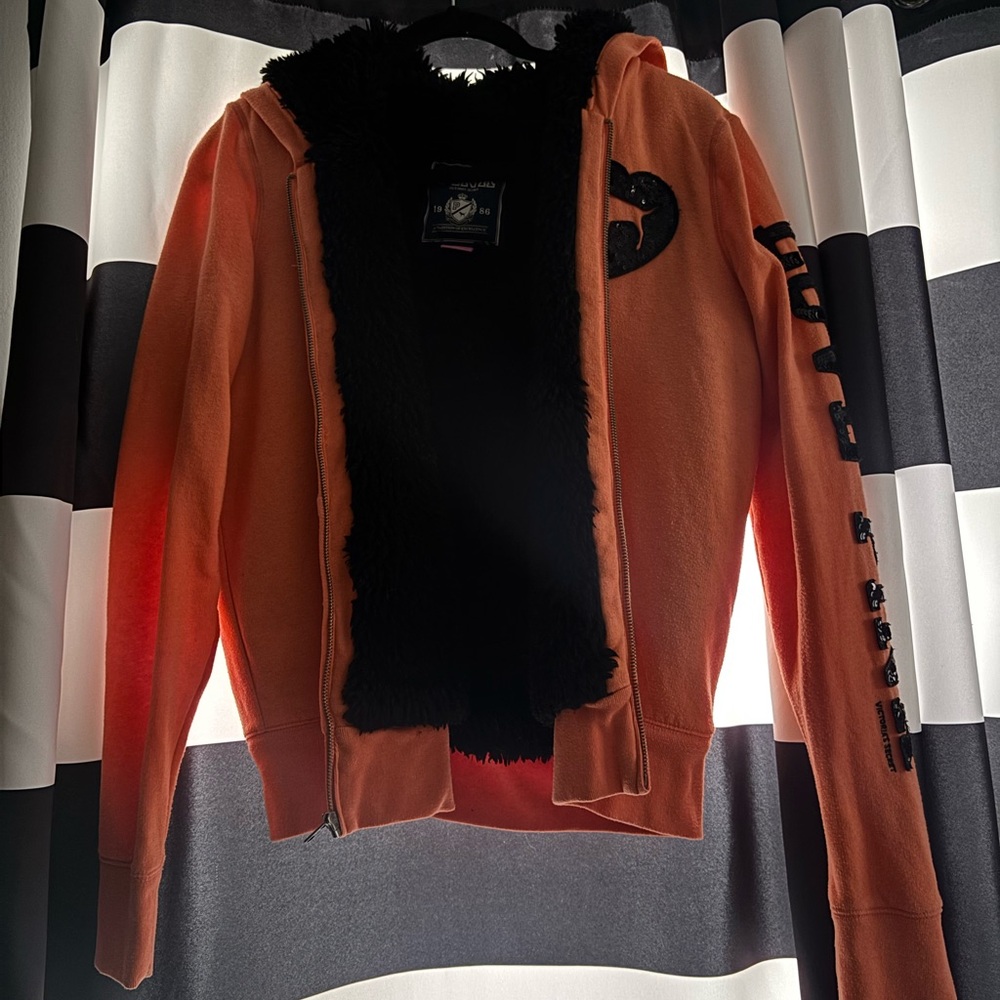 SOLD Victoria’s secret Pink Orange Zip-Up Hoodie with Black Fur Lining